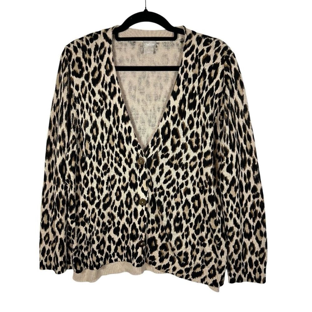 Chicos Linen Cotton Blend Leopard Cardigan‎ Sweater Women’s Size 2 US Medium